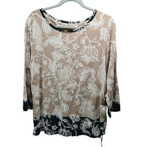 Ruby Rd. Womens Plus Floral Print Long Sleeve Top Beige Black‎ XL